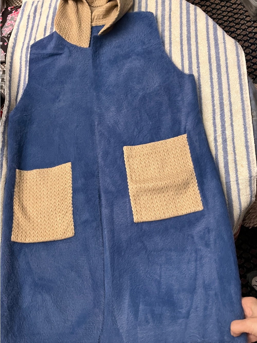 Blue Varsity-Inspired Coat with Tan Knit Pocket Details